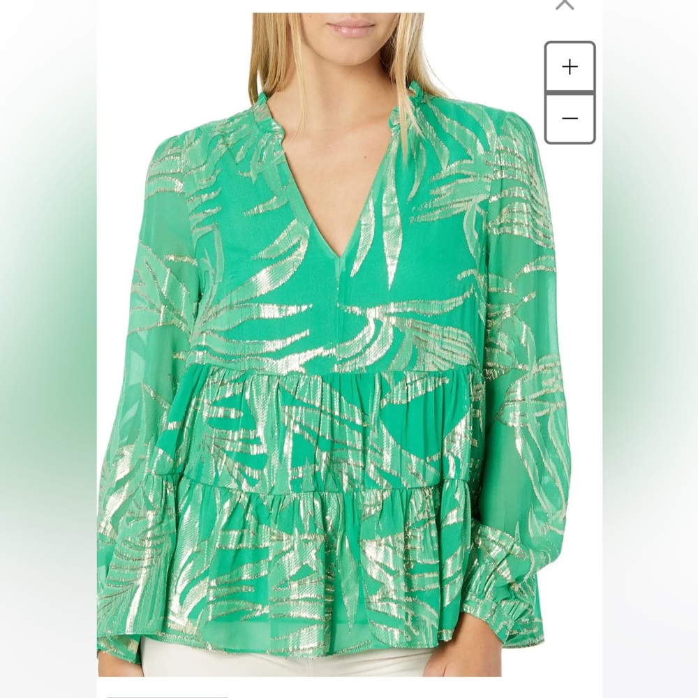 Lilly Pulitzer Green Metallic Palm Print Peplum Blouse
